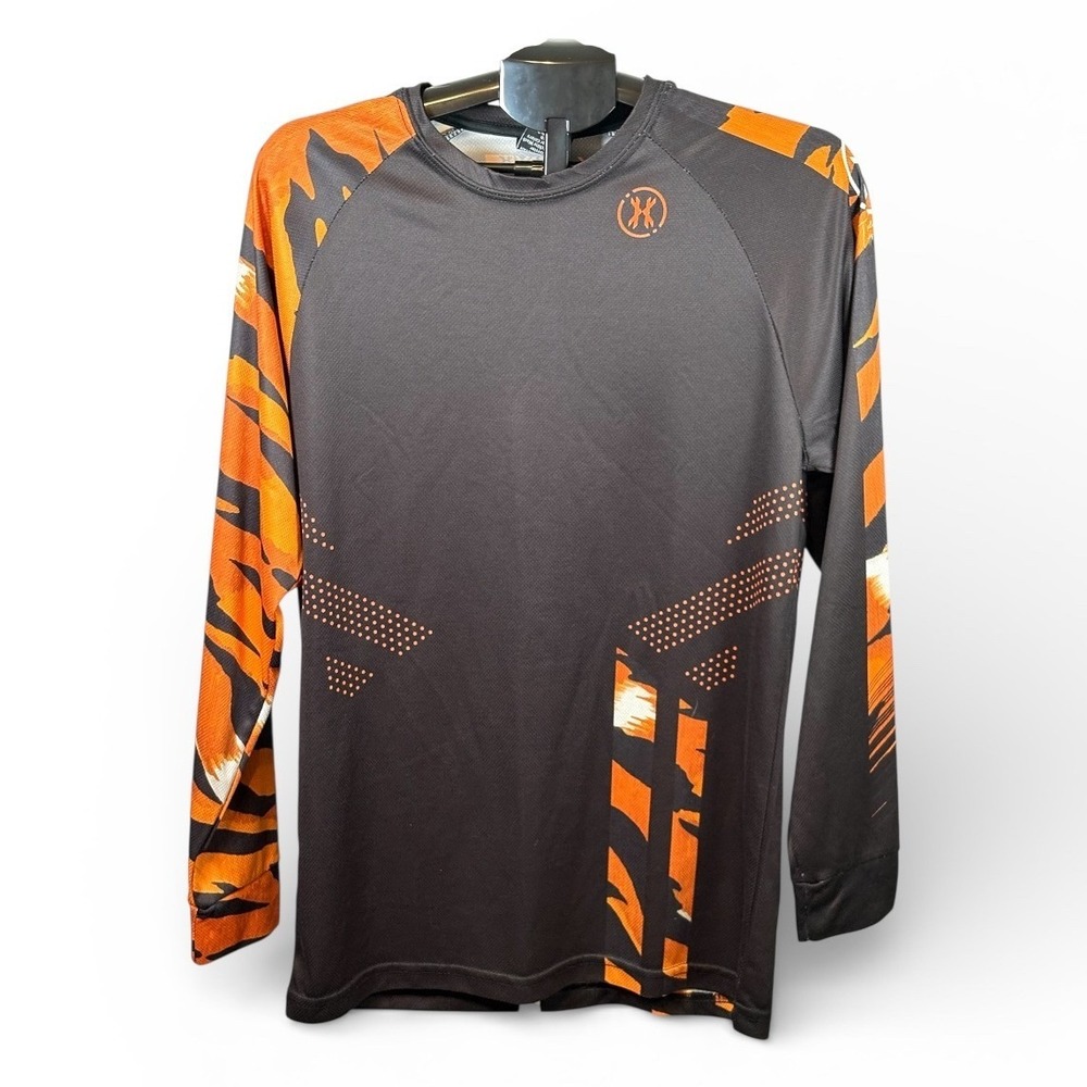 HK Army Paintball Jersey Mens Small Black Orange Tiger Stripe Long Sleeve Tee